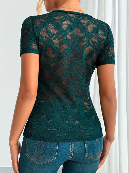 Summer Women's Lace T-shirt V-neck Hollow Sexy Black Flowers Slim White Basic Hot Girl Versatile Top for Female
