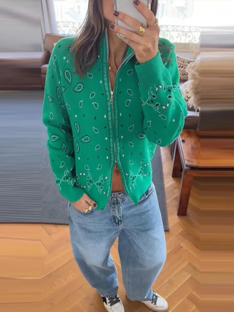 Cardigan da Donna Vintage in Maglia Jacquard, Vestibilità Ampia, Collo Alto, Doppia Cerniera, Maniche Lunghe, Maglione Chic Autunno 2026