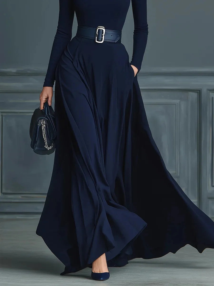 Abito Cerimonia Donna Tinta unita Collo alto Manica lunga Vita Abito Donna Autunno Inverno Orlo Abito lungo Abiti Formales Mujer
