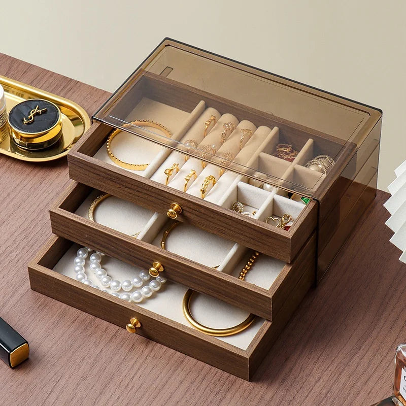 Scatola Portagioie in Legno di Noce Premium Antipolvere con 3 Cassetti per Bracciali e Spille da Donna