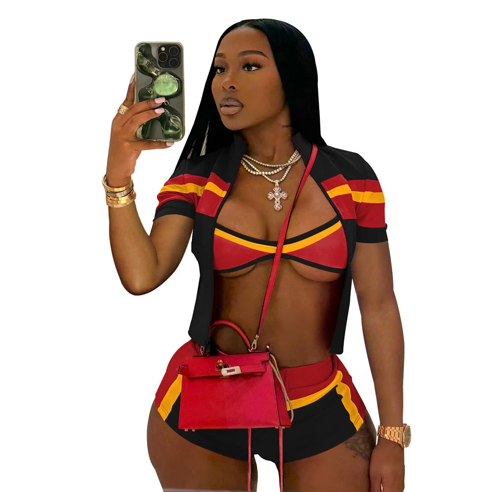 Sommer Sexy 3-teiliges Set Damen Fitnessstudio Outfits Farbblock Trainingsanzug BH Reißverschlussjacke und Shorts Sets Damen Club Abendkleidung