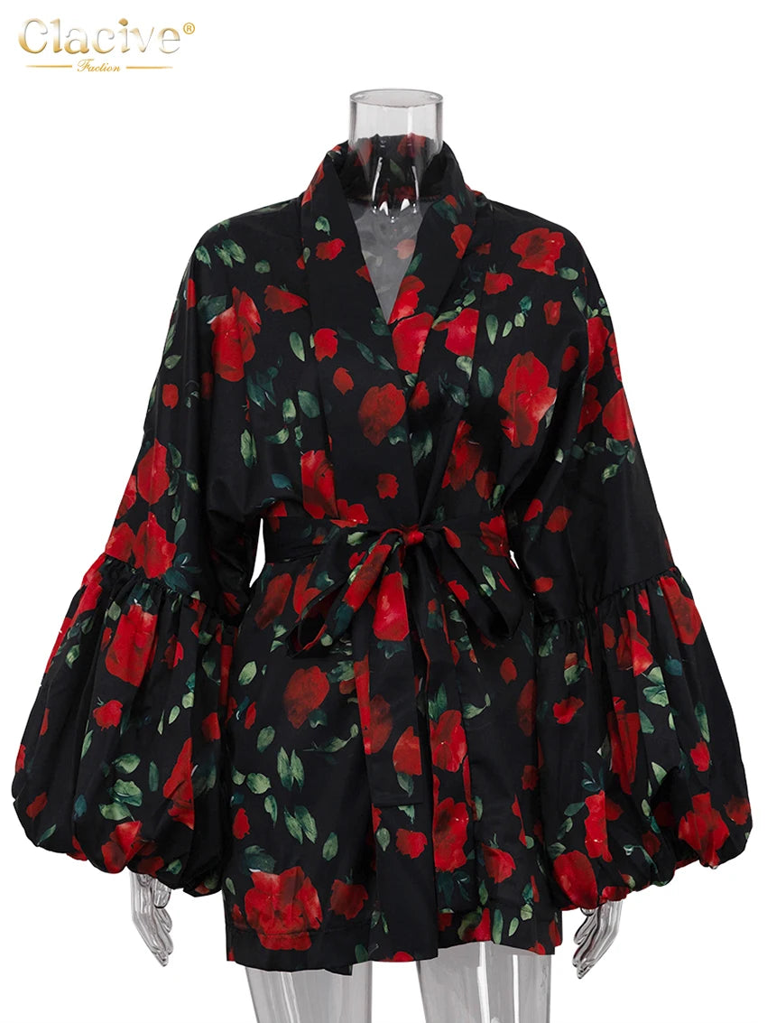 Clacive Fashion Abiti da donna con stampa allentata 2025 Mini abito sexy a maniche lunghe con cappuccio Elegante abito classico con lacci Abbigliamento femminile