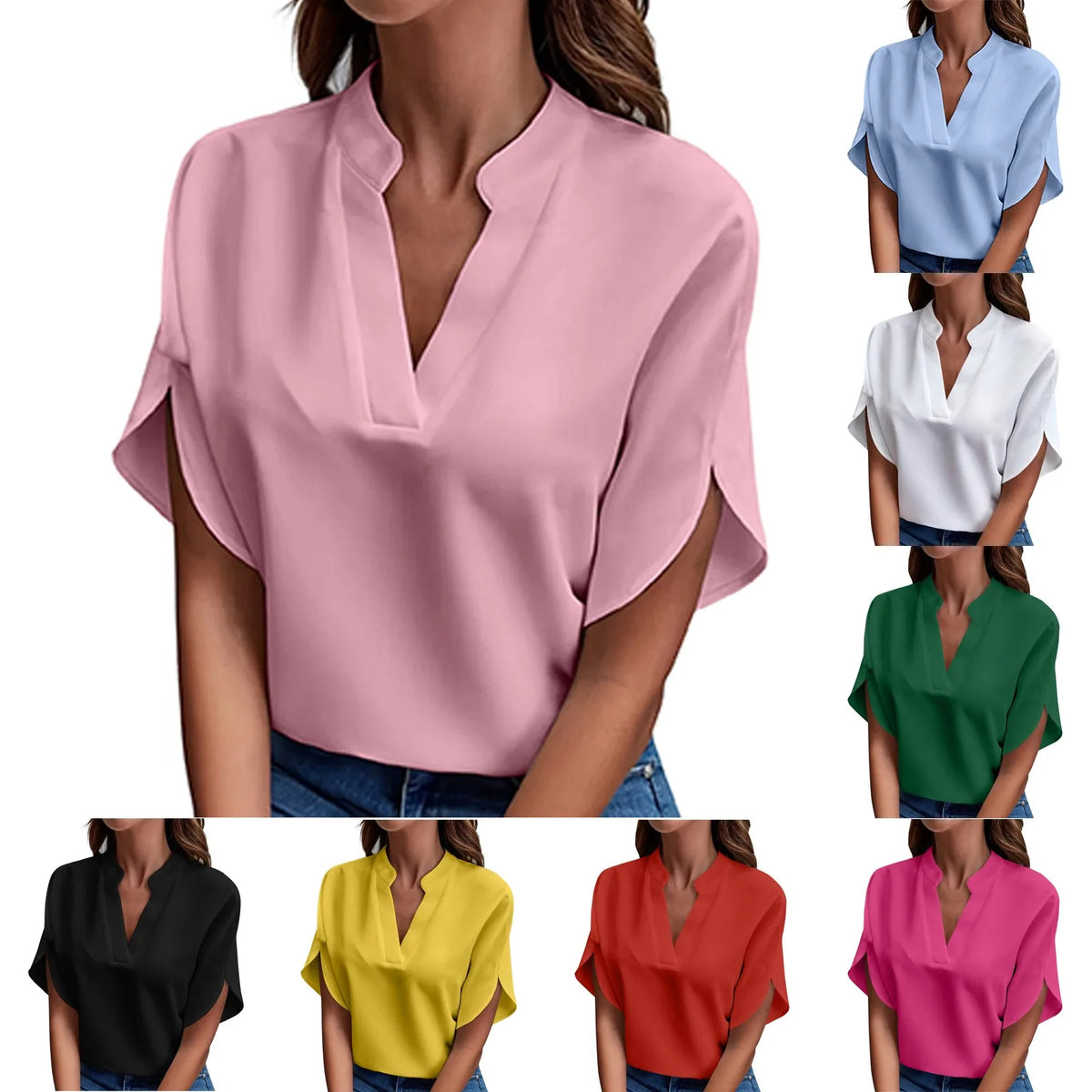 Hauts d'été pour femmes Blouse 2024 Mode Manches courtes Unies Col en V Chemises et blouses amples Élégantes Dames Hauts blancs