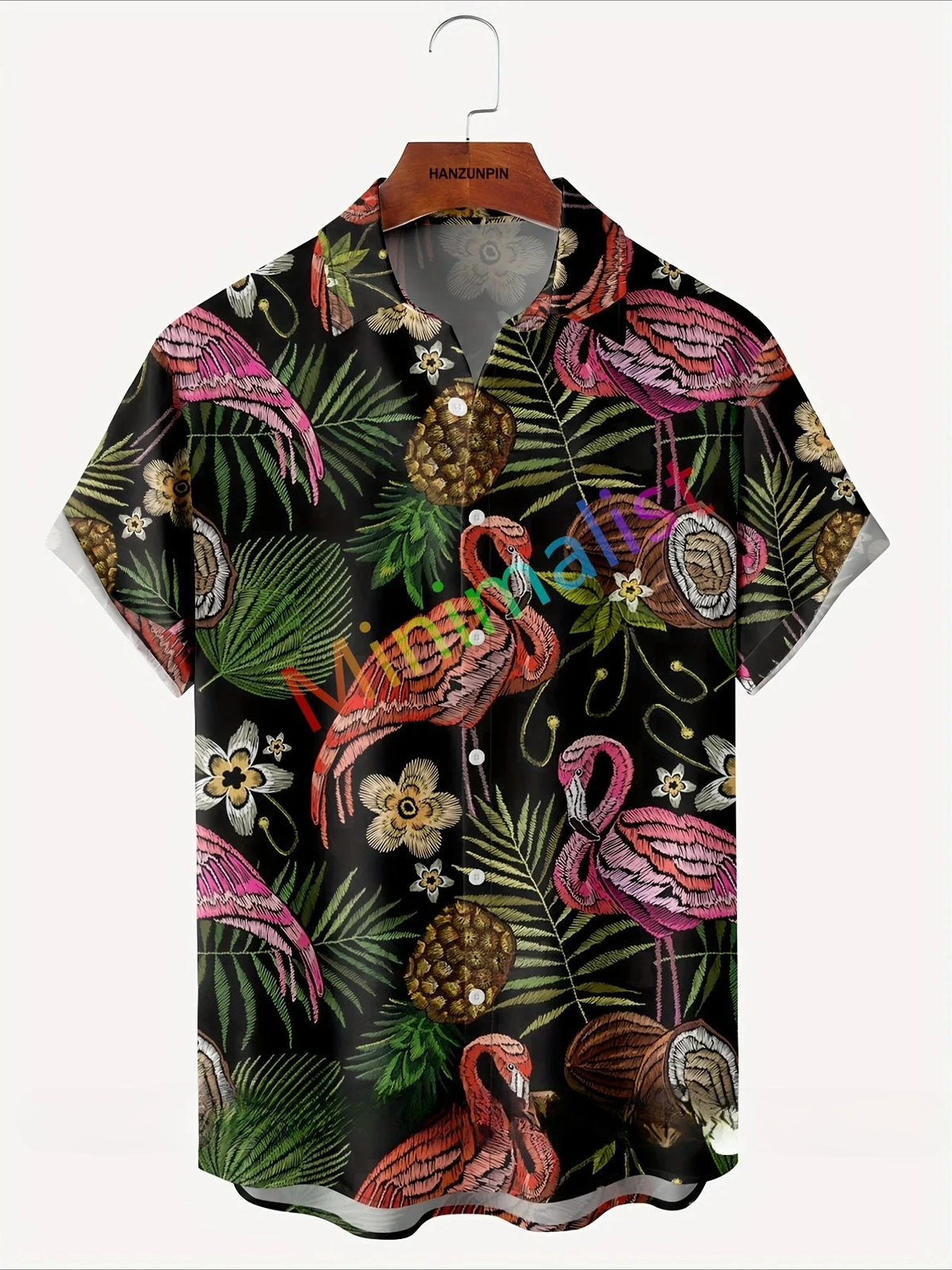 2025 Camicia con stampa foglia e fenicottero per uomo Camicia hawaiana Casual Beach Manica corta Moda Top Camicetta maschile Abbigliamento estivo