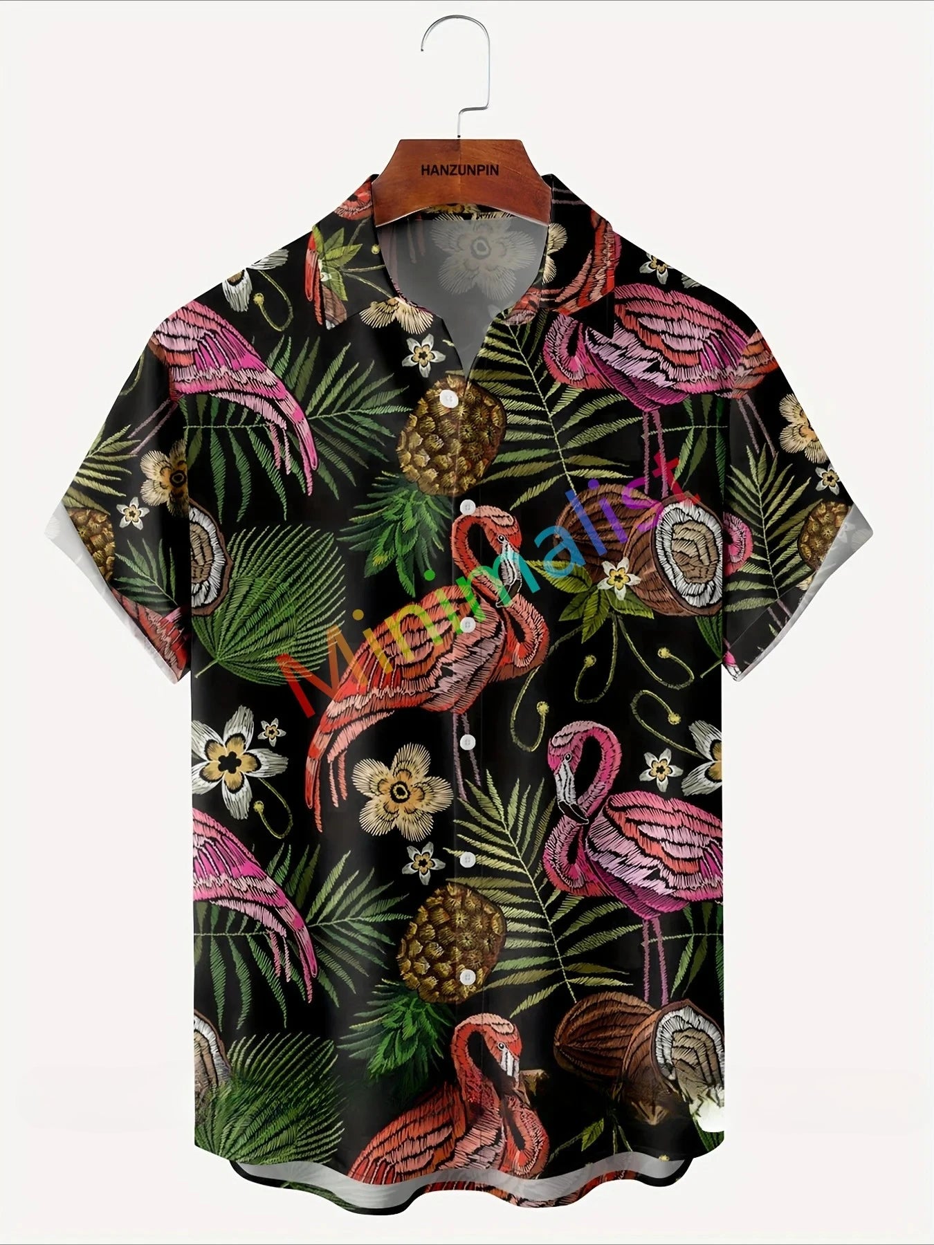 2025 Camicia con stampa foglia e fenicottero per uomo Camicia hawaiana Casual Beach Manica corta Moda Top Camicetta maschile Abbigliamento estivo