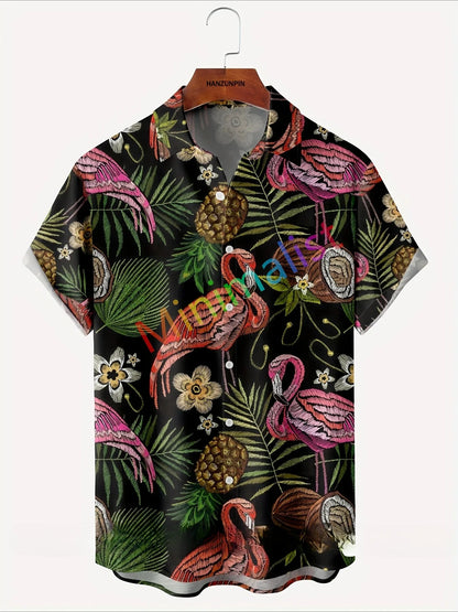 2025 Camicia con stampa foglia e fenicottero per uomo Camicia hawaiana Casual Beach Manica corta Moda Top Camicetta maschile Abbigliamento estivo