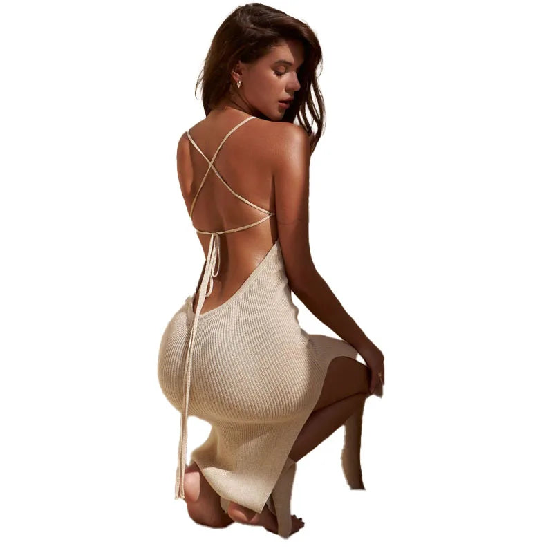 Robe de plage d'été fendue, couleur unie, robe de vacances, sexy, en maille, dos nu, robe licou, élégante, sans manches, moulante, à nouer