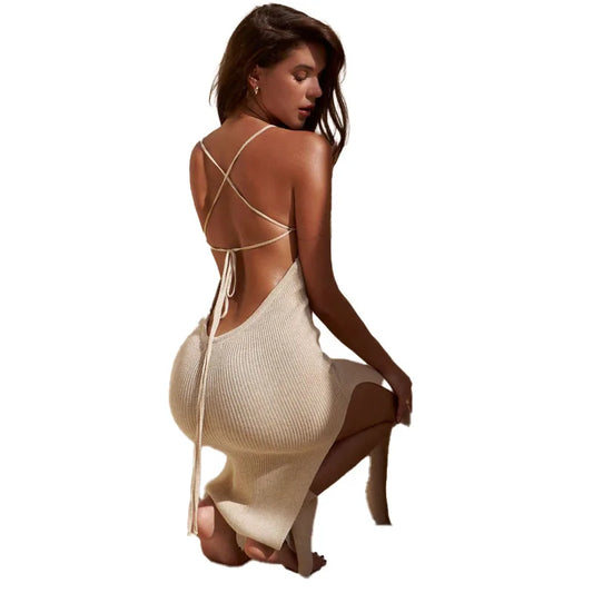 Robe de plage d'été fendue, couleur unie, robe de vacances, sexy, en maille, dos nu, robe licou, élégante, sans manches, moulante, à nouer