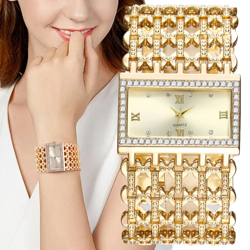 Orologio al quarzo da donna in oro nobile di lusso, orologio da donna con cinturino scheletrato, orologio completo