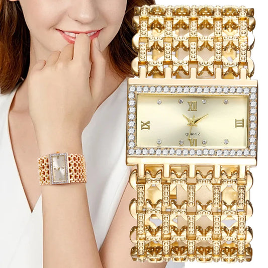 Orologio al quarzo da donna in oro nobile di lusso, orologio da donna con cinturino scheletrato, orologio completo