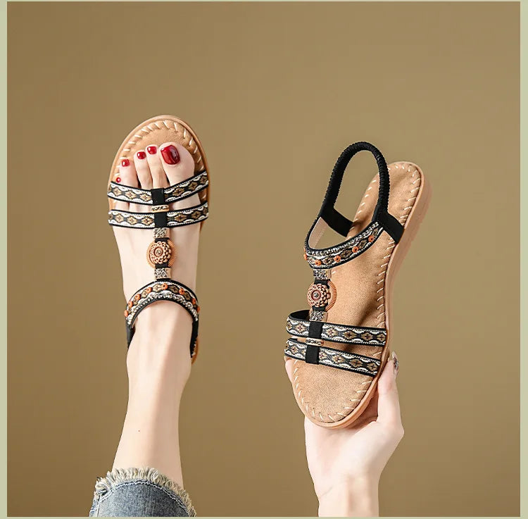 Elegante Damen-Sommersandale im Bohemian-Stil, rutschfest, bequem, für Alltag, Urlaub, flache Strandschuhe