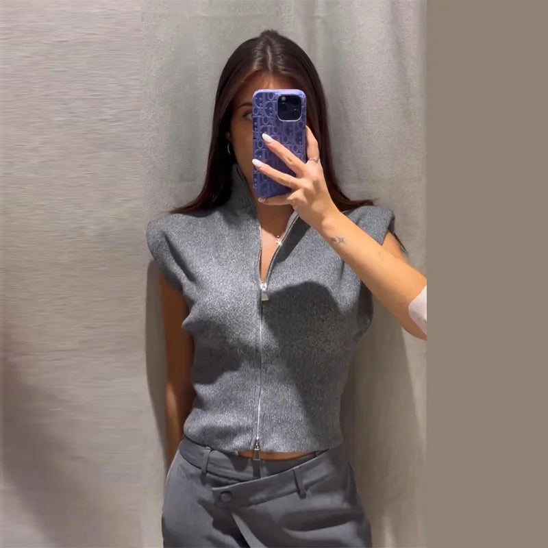 Cardigan in maglia da donna senza maniche con spalline imbottite, collo alto a metà, doppia cerniera, corto, aderente, tinta unita, top di tendenza per la strada
