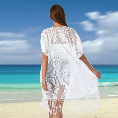 Costume da bagno donna Cover Up Bead binding scialle leggero Beach sarong Kimono in pizzo floreale Bikini Swim parasole Dress Travel
