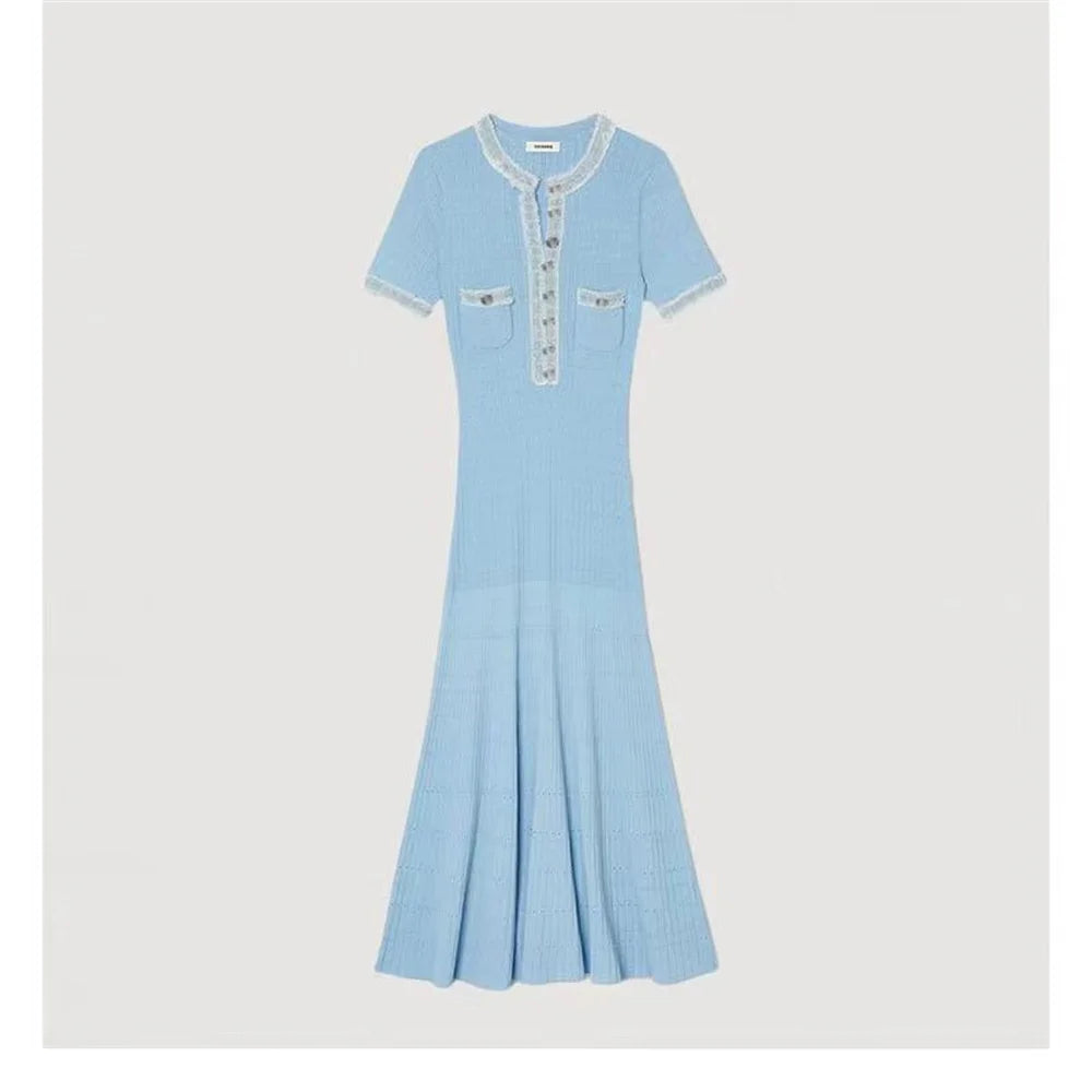 Abito lungo elegante in maglia da donna a contrasto Chic O-collo manica corta Bottoni in metallo Abiti aderenti Abito da pendolarismo da donna da ufficio