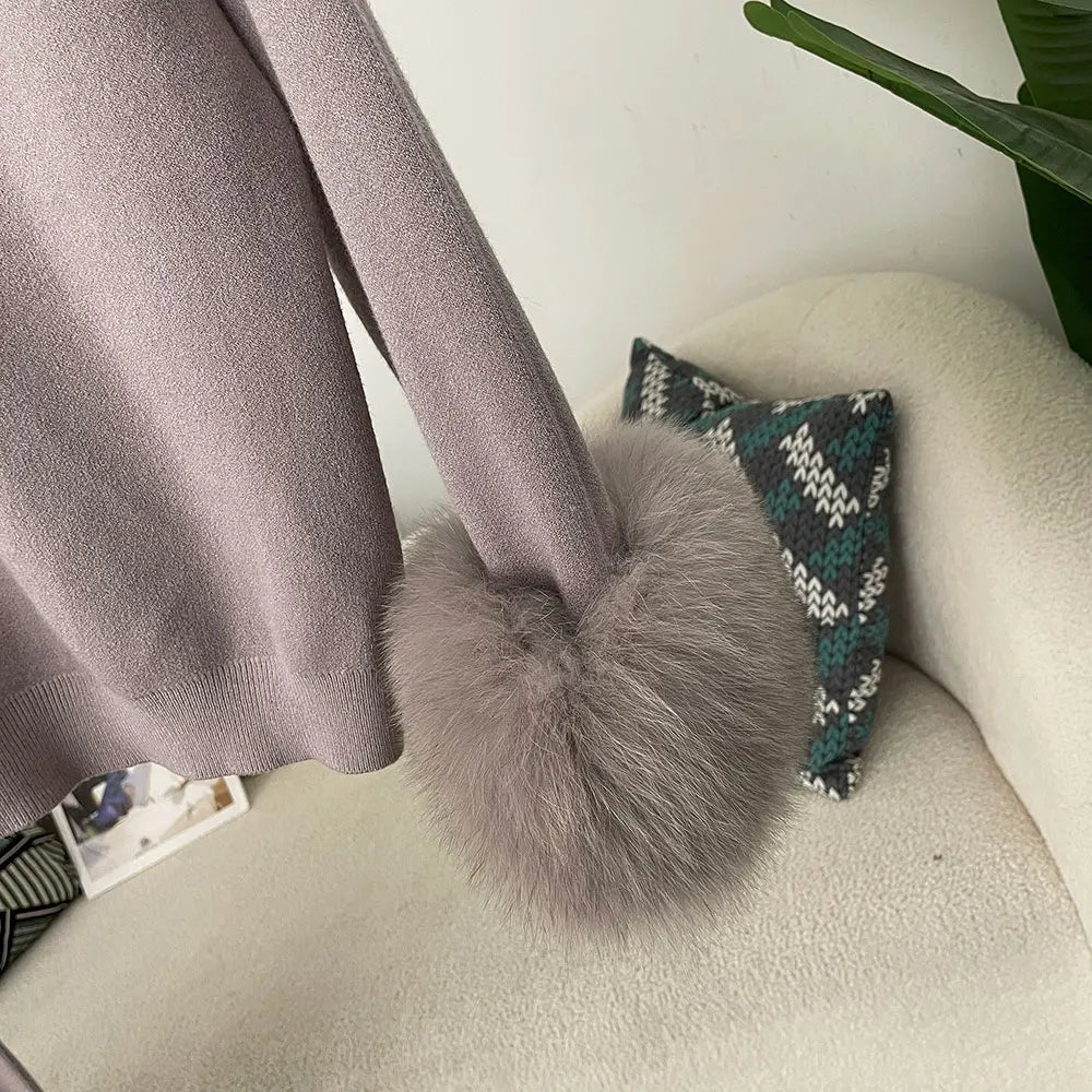2024 nuova moda autunno inverno polsini in vera pelliccia di volpe naturale cappotto maglione lavorato a maglia pantaloni lunghi da donna set giacca spessa calda