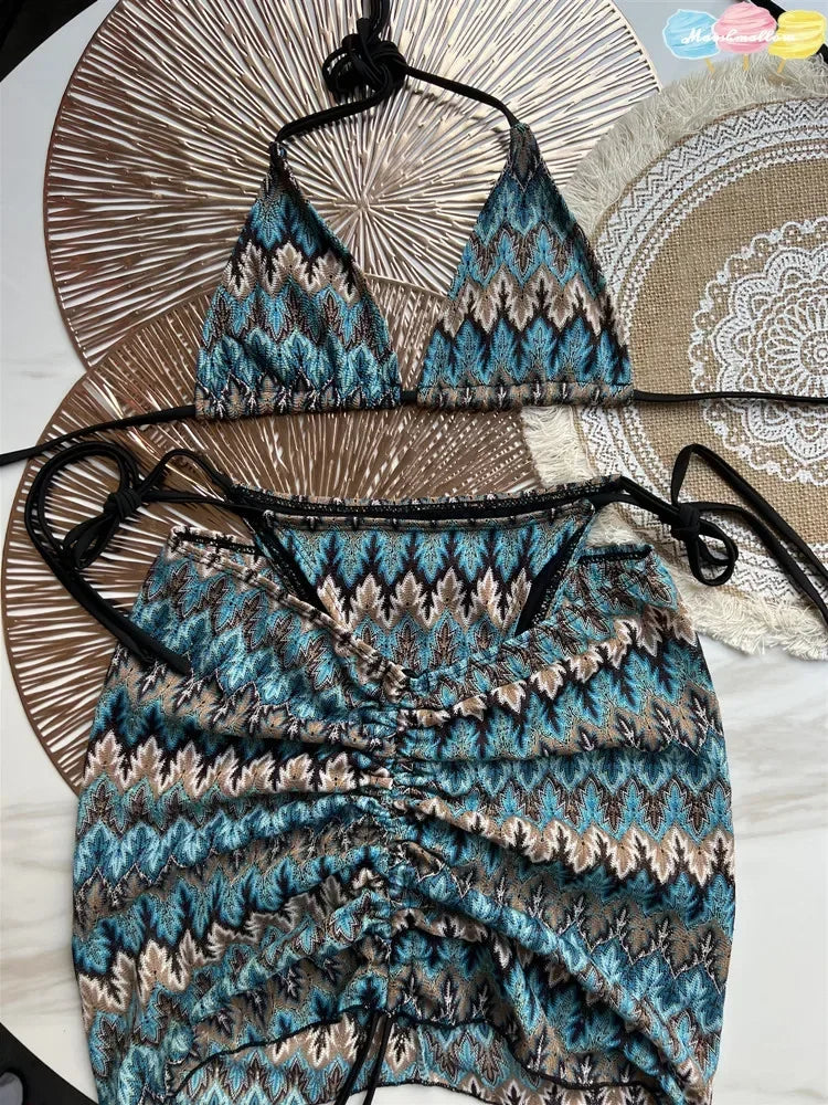 Costume da bagno donna Gonna bikini lavorata a maglia con foglie d'acero colorate Set tre pezzi Costume da bagno diviso Bikini