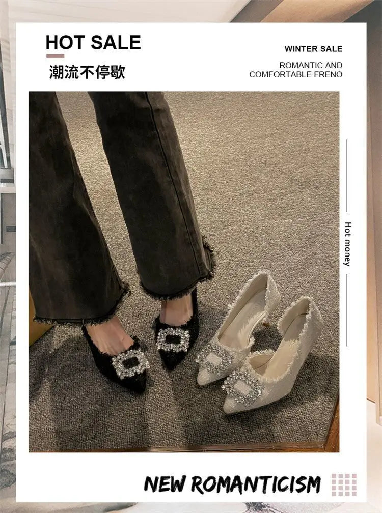 Stiletto Heels 2024 White Wedding Shoes Fashion Pointy Square Button Rhinestone Sandals Temperament Women's Women's Shoes