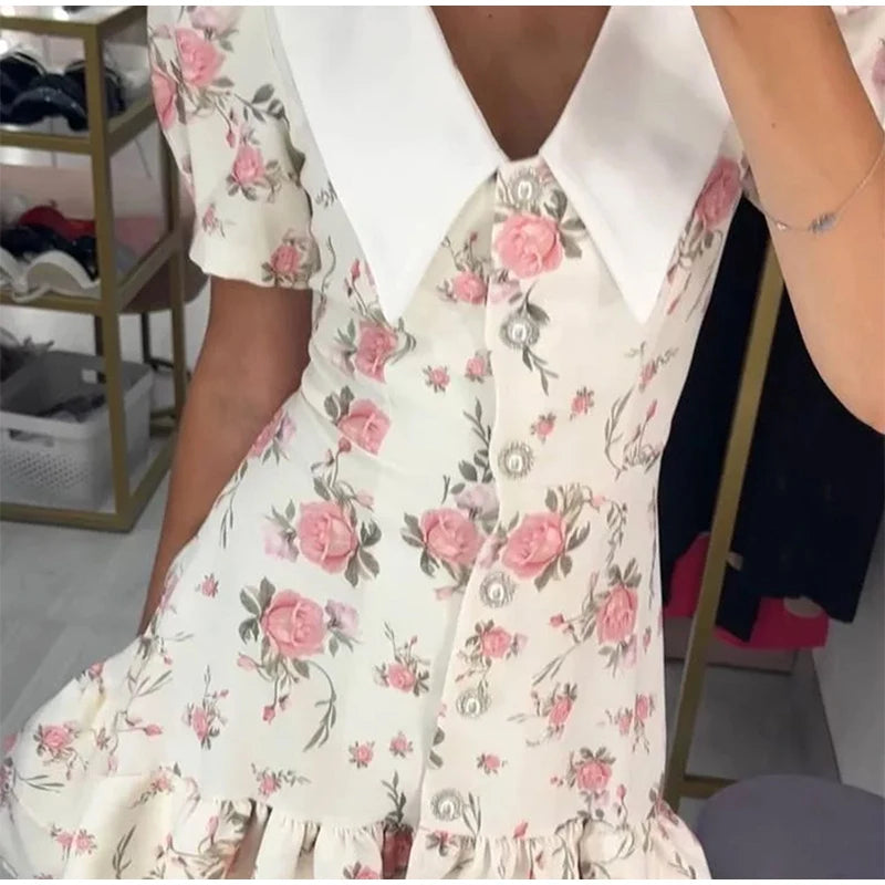 Mini abito con stampa casual Lady Summer Slim bottoni con risvolto Abiti a strati a trapezio Donna Manica corta Abito da vacanza Festa femminile Dolce