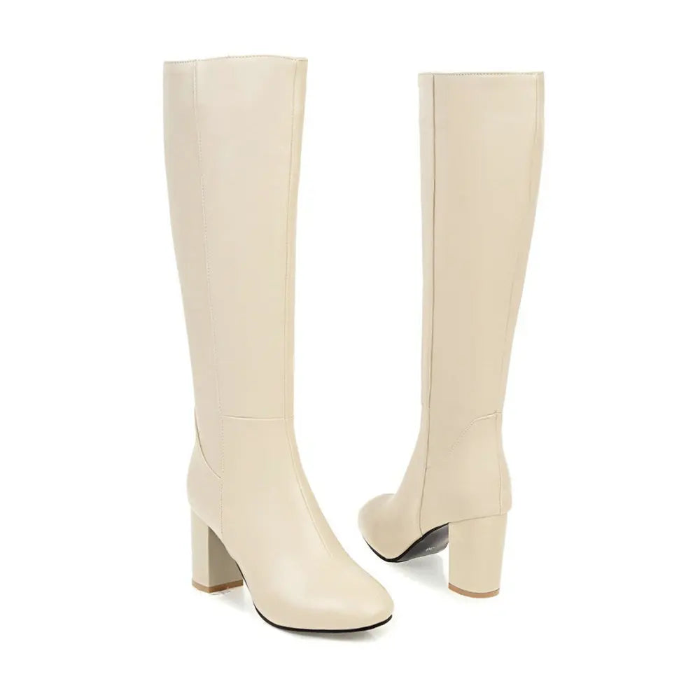 Black Long Boots Women's Fashionable Thick Heels Side Zipper Ladies Shoes Soft PU Leather Knee High Boots Plus Size 43 44 45 46