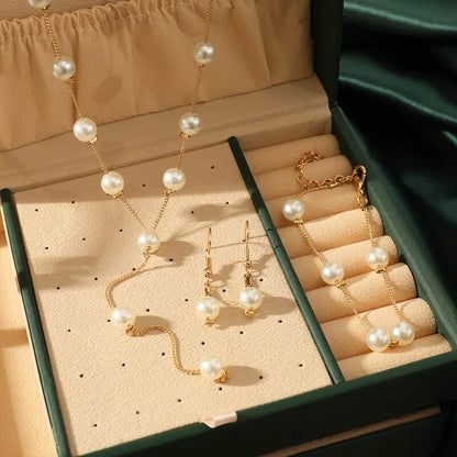 4 pezzi di collana color oro, orecchini, bracciale, set da donna, elegante collezione di perle d'imitazione, gioielli con nappa temperamento