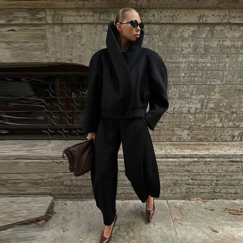 Cappotto da Donna in Lana con Collo Alto, Stile Streetwear, Maniche Lunghe, Bottoni, Nero, Giacca Femminile 2026, Casual Autunno Inverno