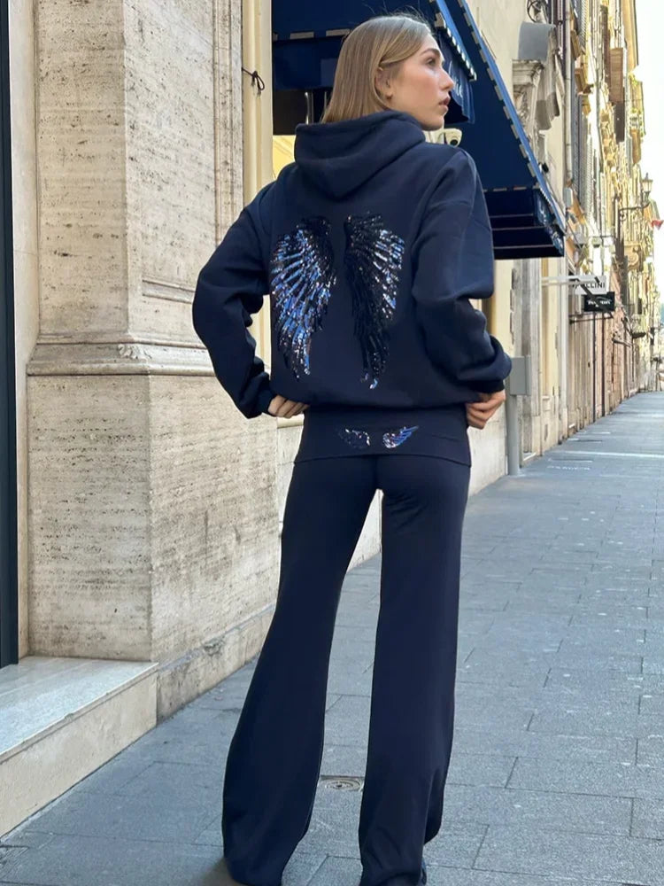 Felpe con cappuccio con ali d'angelo con paillettes Pullover a maniche lunghe allentati da donna Top pantaloni da yoga dimagranti Set 2025 New Casual Lady Set da due pezzi