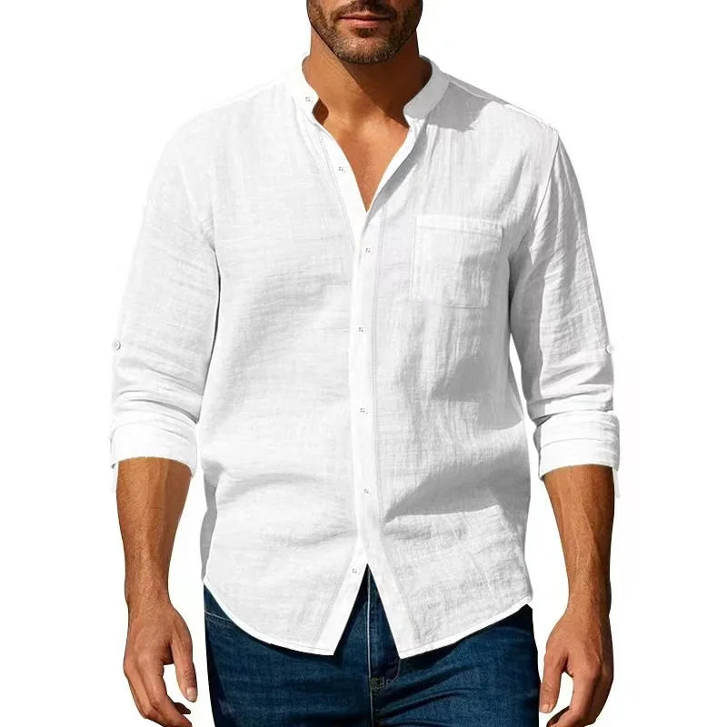 Camicia in cotone e lino da uomo, collo Henley, tinta unita, leggera, traspirante, vestibilità slim, abbottonatura singola, maniche lunghe.