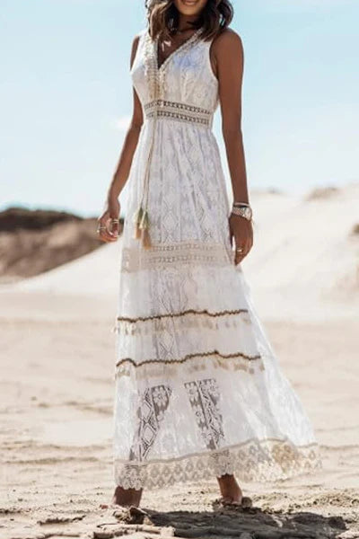 Women Summer Elegant Bohemian Maxi Dress Sleeveless Lace Trimmed Flared Dress Casual V-Neck Evening Party Long Dresses