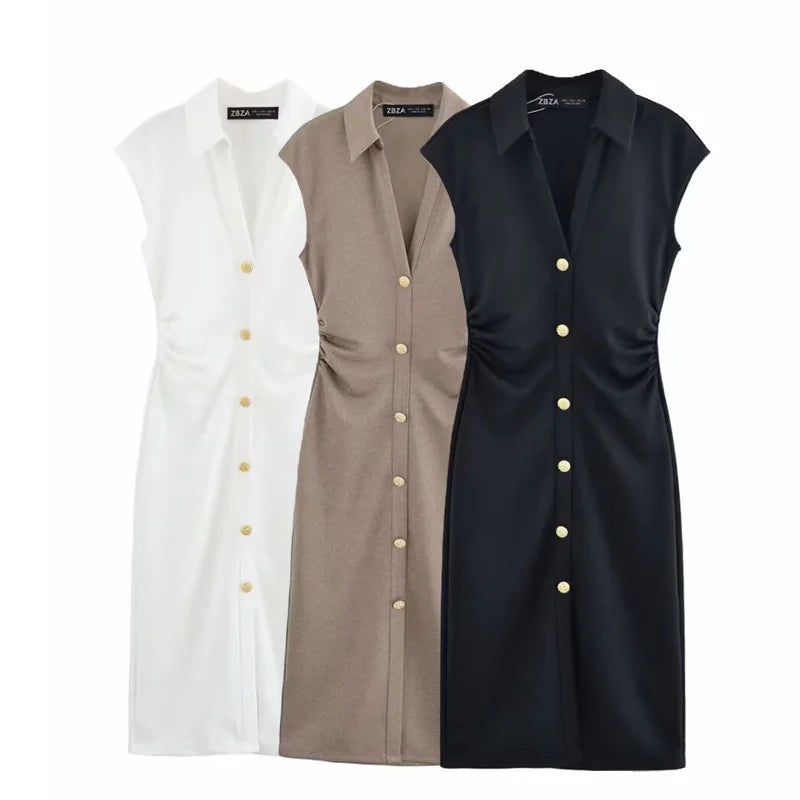 HXAO Camicia increspata Abiti longuette 2025 Donna Estate senza maniche Abito bianco nero Donna Aderente Elegante abito casual da donna 088