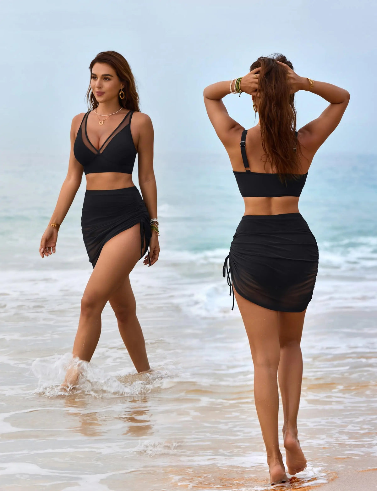 Damen-Bade-Skort, hoch taillierte Bikini-Sets, bauchweg-Badeanzüge, Netz-Sarong-Wickel, Badebekleidung