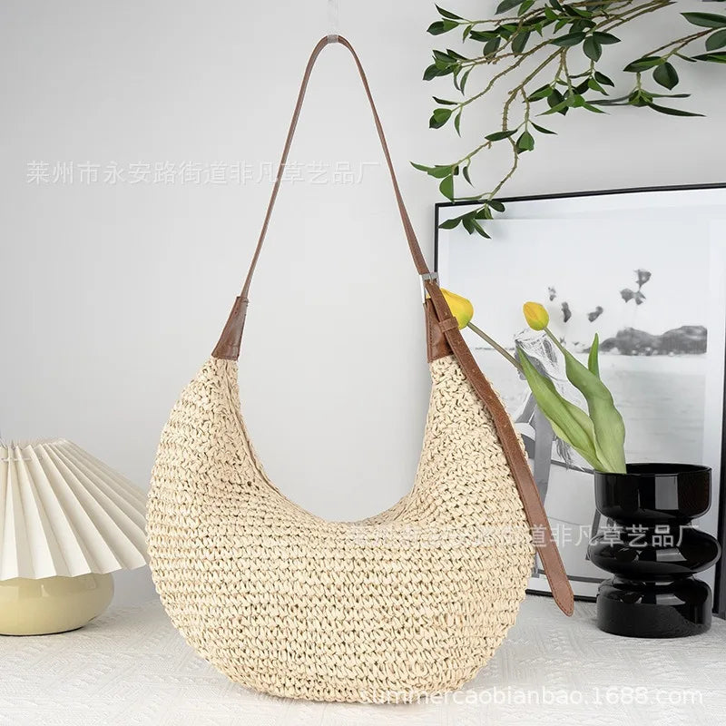 Borse a tracolla da donna in paglia casual Hobos Borse a tracolla in tessuto fatto a mano Borsa da spiaggia estiva semplice vintage Borse tote di grande capacità