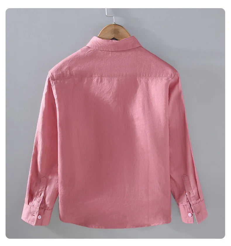 Camicia a maniche lunghe in lino 100% per uomo Primavera Autunno Moda Buona qualità Tinta unita Sottile e traspirante Camicetta con risvolto sano Top maschile