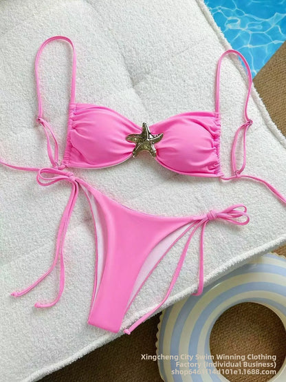 Costume da bagno bikini sexy a tinta unita, due pezzi, ad asciugatura rapida, senza schienale, in tessuto di nylon ad alta elasticità per nuoto e attività acquatiche.