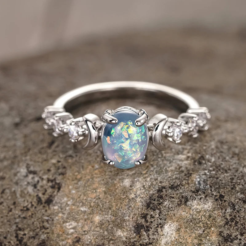Huitan Anelli di luna opale imitazione blu/bianco per le donne Accessori da sposa estetici Gioielli di dichiarazione regalo di anniversario fantasia Hot