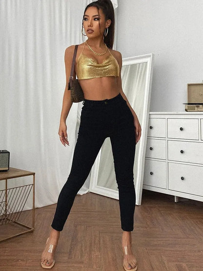 Sexy Estate Con Paillettes In Metallo Crop Magliette E Camicette Bretelle Halter Backless Night Club Canotta 2024 Nuove Donne Abbigliamento Moda Y2k Magliette E Camicette