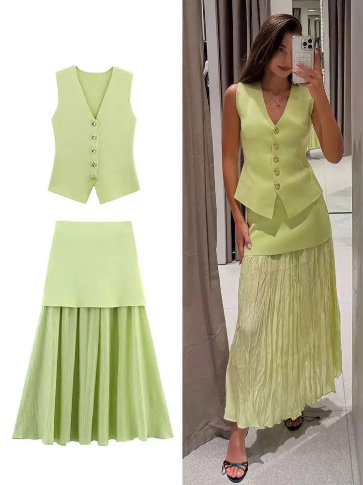 HH Set di gonne lavorate a maglia eleganti femminili 2024 Scollo a V con bottoni Canottiera + Gonna a pieghe patchwork a-line Abito solido alla moda