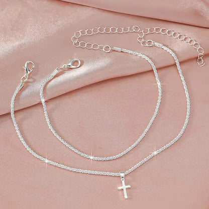 Cavigliera a catena sottile scintillante per donna Bracciale a doppio strato con ciondolo a forma di croce a cuore con zirconi sul piede della gamba Gioielli da spiaggia estivi alla moda