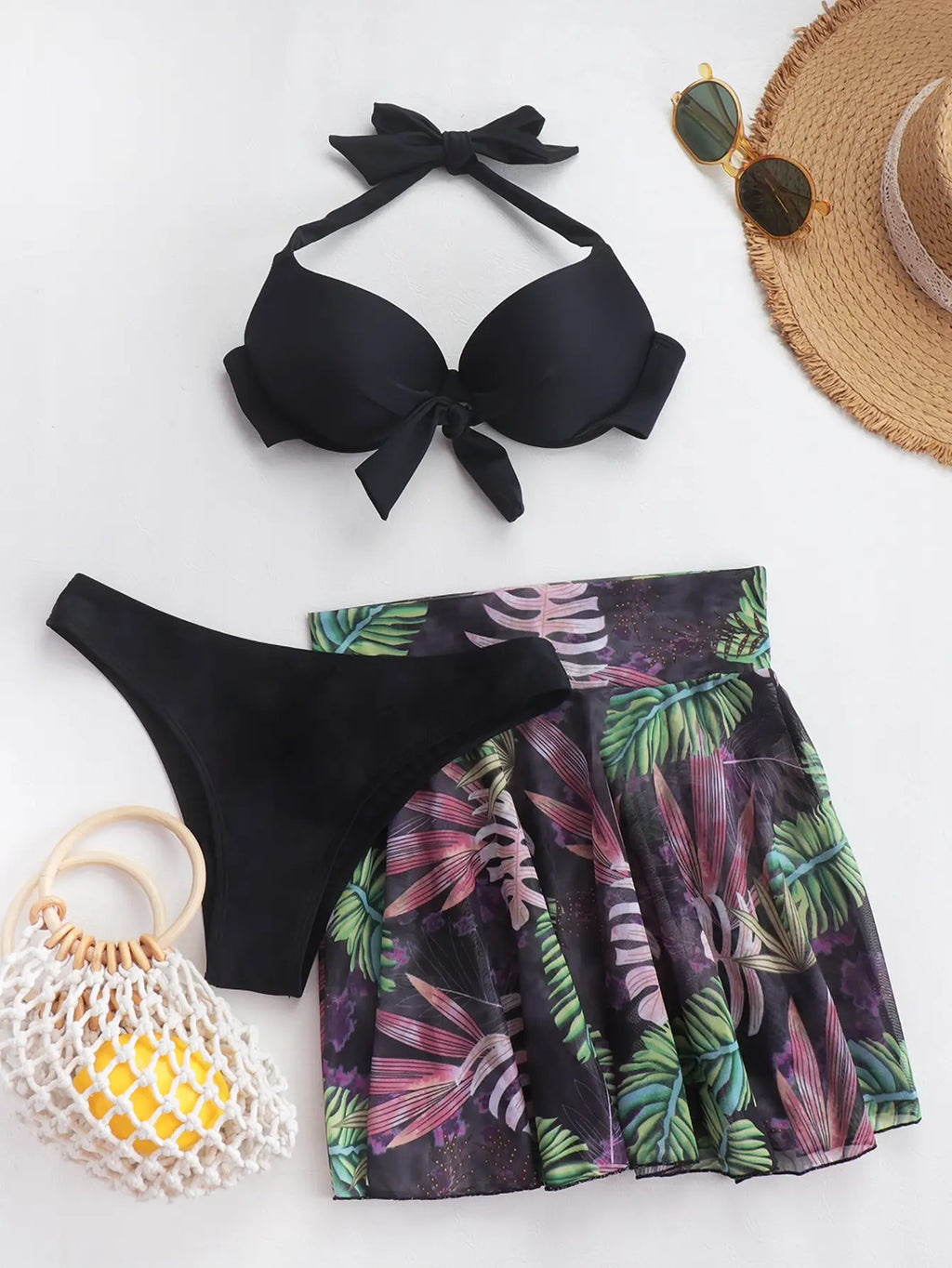 Costume da bagno tropicale a 3 pezzi con bikini halter push-up e camicia da spiaggia, per donna, collezione 2026