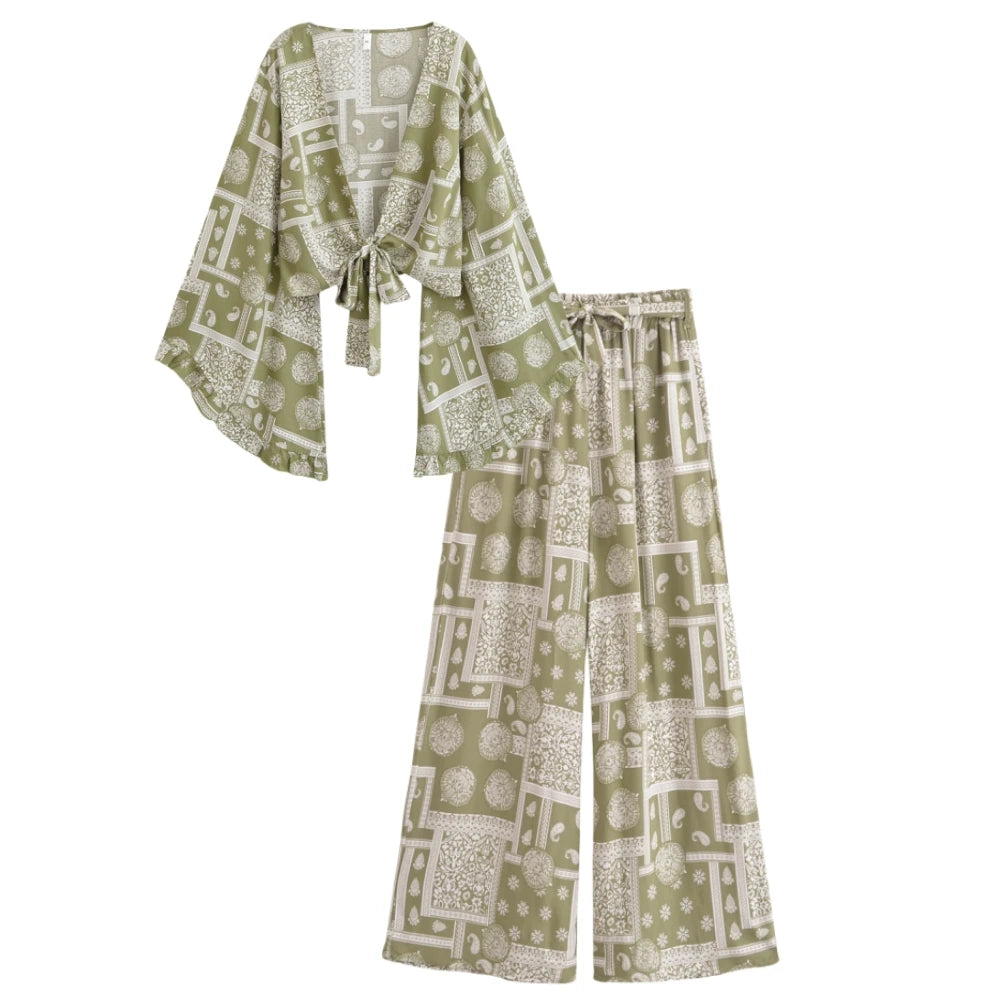 Boho Queens Donna Abiti con stampa floreale marrone Kimono Abito Abiti bohémien Pantaloni a gamba larga 2 pezzi Rayon Boho Set costume da bagno