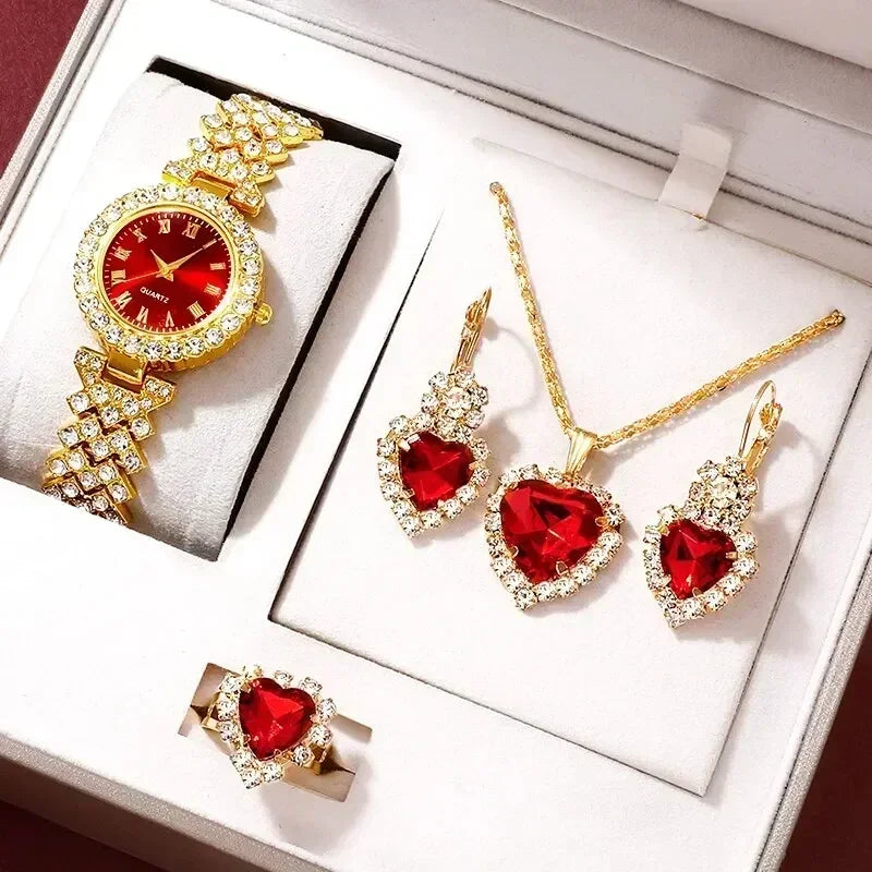 Orologio di lusso dorato da donna anello collana orecchino strass moda orologio da polso Casual da donna bracciale orologi Set di gioielli