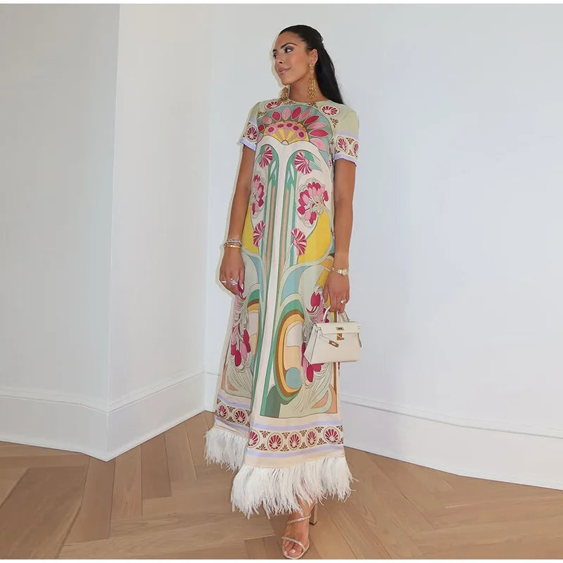 Abito Lungo da Donna con Stampa, Scollo a V, Maniche a Campana, Bordo a Foglia di Loto, Vita Alta, Vestito Maxi Aderente, Elegante Abito da Sera per Feste