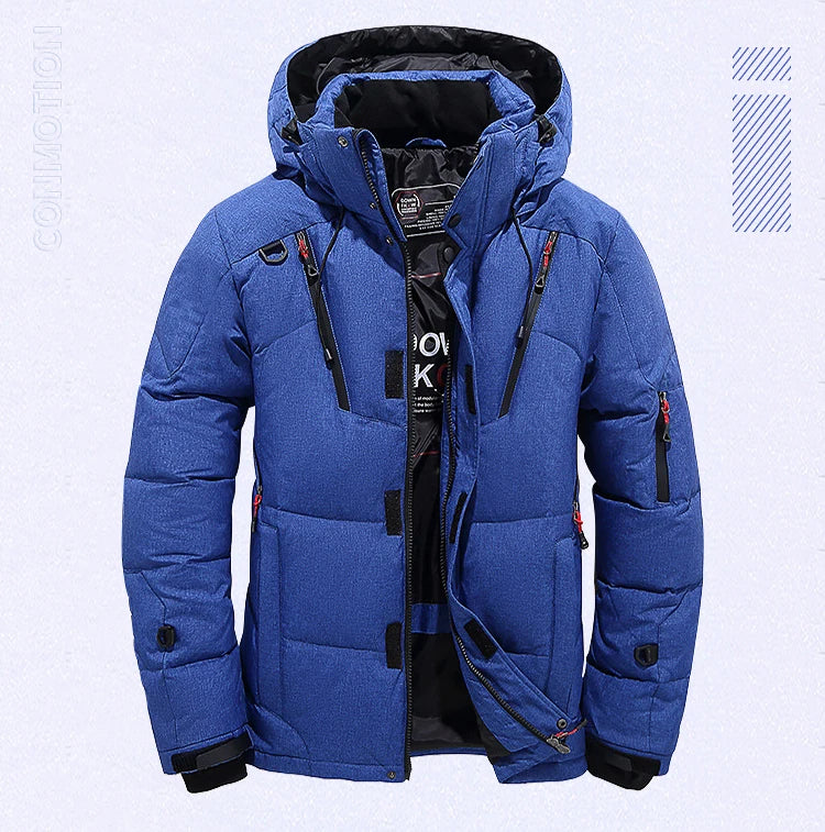 Piumino da uomo Cappotto invernale in anatra bianca Parka caldo antivento Cappotto da campeggio da viaggio Nuovo in abbigliamento con cappuccio in tinta unita addensato