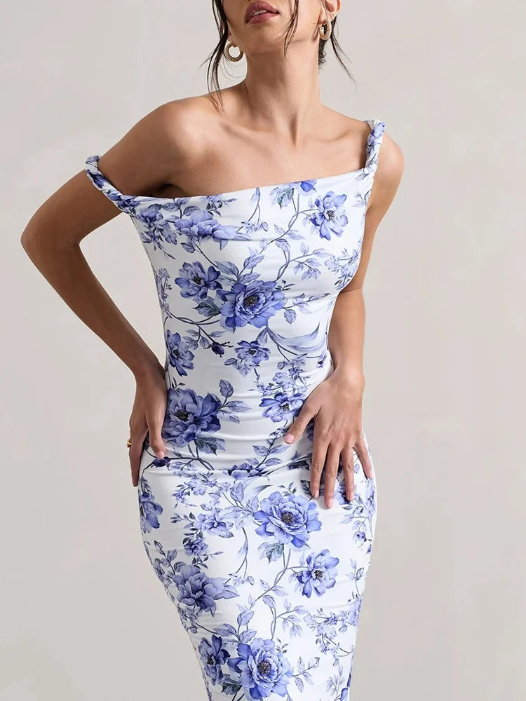 Summer Sexy Print Off-Shoulder Evening Dress Fashion Women Elegant Slim Fit Long Dresses