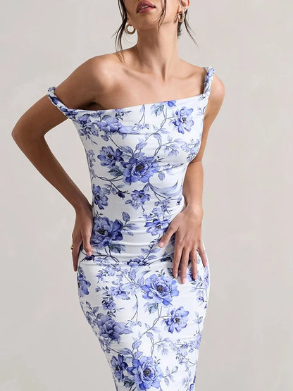 Summer Sexy Print Off-Shoulder Evening Dress Fashion Women Elegant Slim Fit Long Dresses