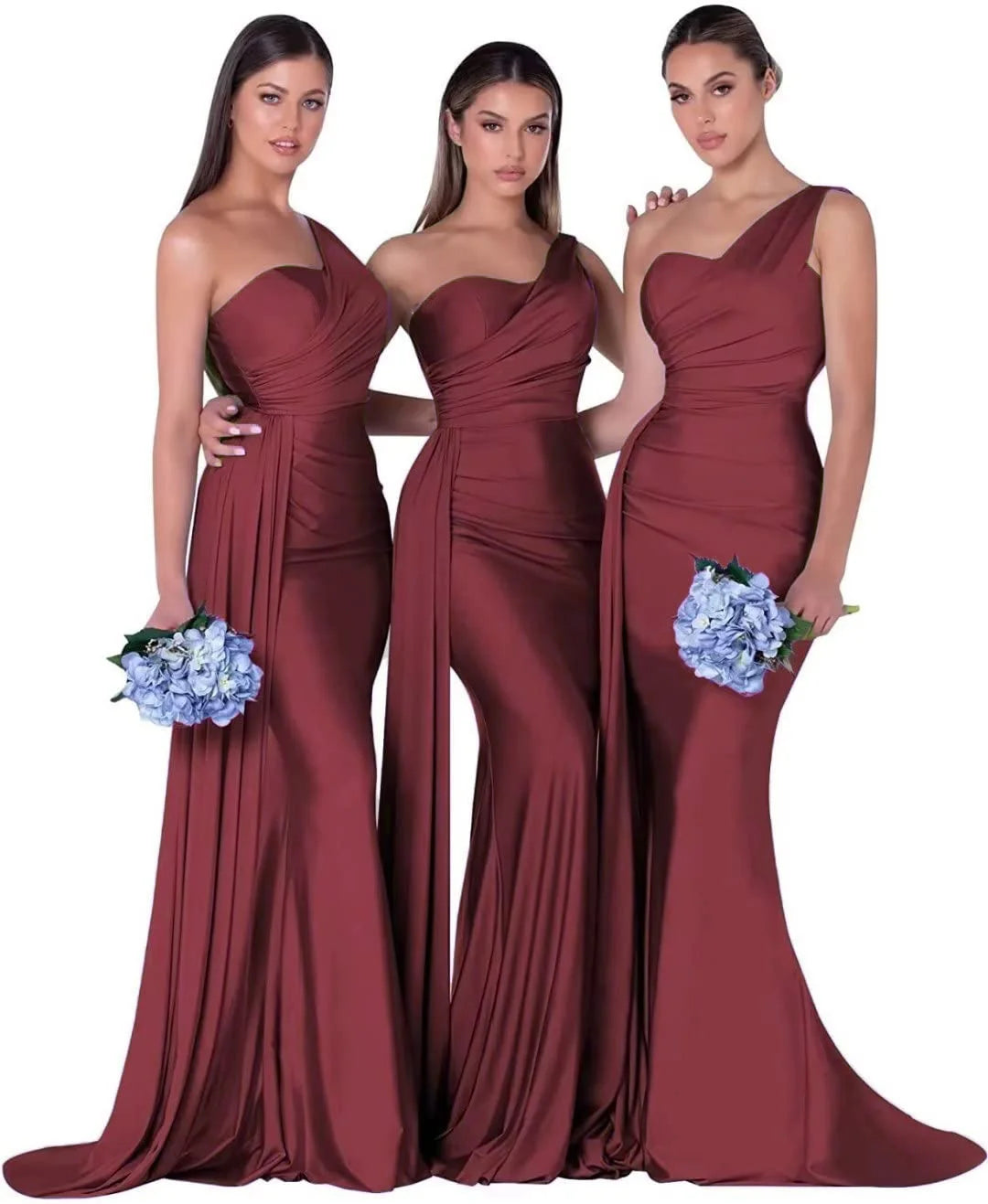 Abiti da damigella d'onore eleganti a sirena monospalla senza maniche in raso abito da cerimonia nuziale abiti para bodas con strascico personalizzato