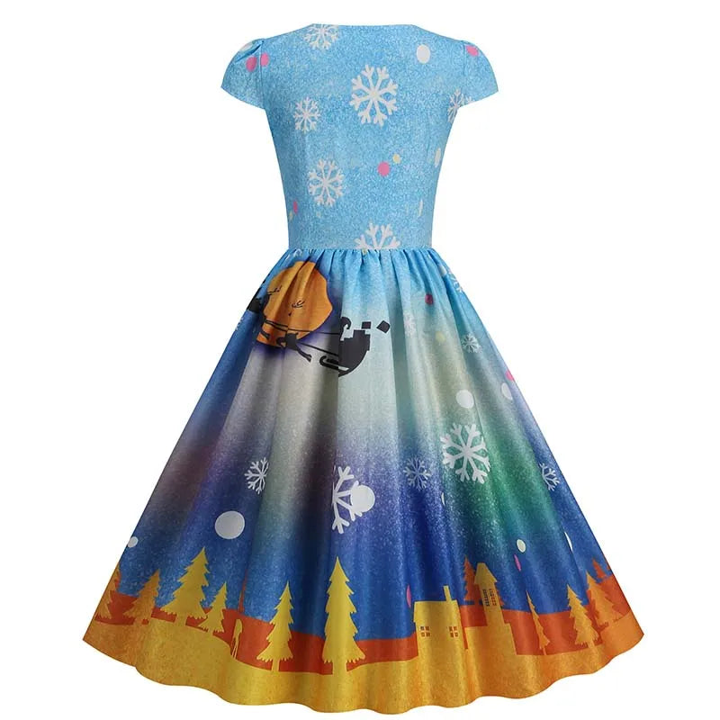 Abiti natalizi per donna Winter Pinup Rockabilly Abito da festa sexy cosplay Abito da ballo da cocktail con stampa di neve di Babbo Natale