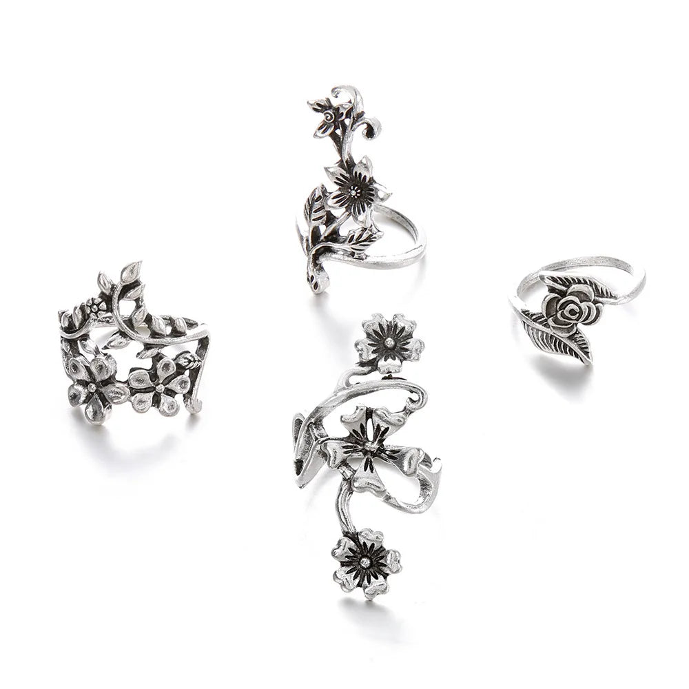 La moda di successo europea e americana; set di anelli da 4 pezzi con anello intagliato cavo in argento antico retrò individualizzato
