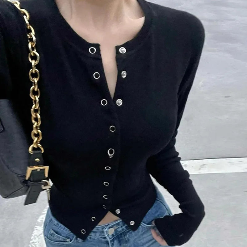 Maglione Aderente Sexy da Donna, Collo Tondo, Cardigan in Maglia con Bottoni Frontali, Manica Lunga, Top Streetwear