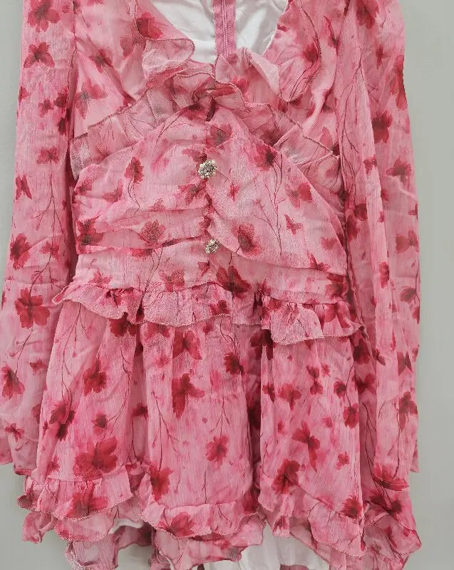 Abito Elegante Floreale da Donna a Trapezio con Pieghe, Mini Abito Sexy a Maniche Lunghe con Volant e Vita Stretta, Abiti da Sera per Vacanze e Street Style 2026