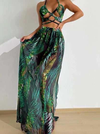 3 Pieces Print Cross Bikini 2025 Women Sexy Halter Swimsuit & Cover Up Beach Dress Swimwear Bathers Bathing Swimming Suit Summer